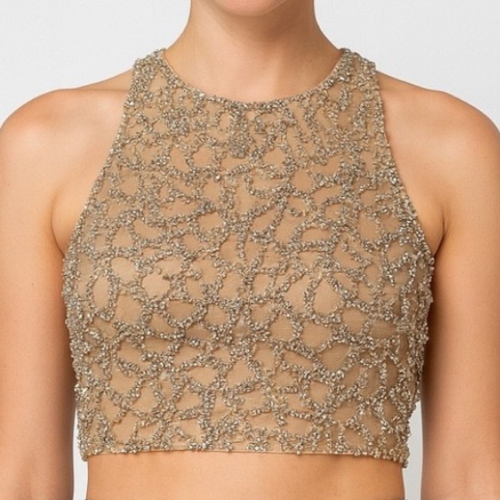 Terani Couture Beaded Crop Top NWT Size 10 Champagne Silver Prom Formal